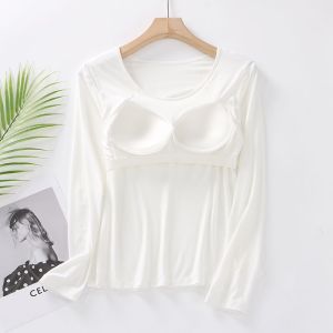 miiow | Womens Long Sleeve Base Shirt Chest Pad Cat Person Spring Autumn Style Pure Color Top No Bra Needed Commute Fashion