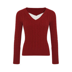 YIKEXIAOYEMEI | Áo Sweater Cổ V Đỏ Giúp Gọn Gàng Thời Trang