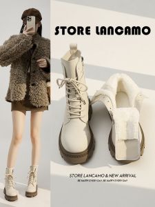 Womens Winter Martin Boots Thickened Thick Bottom Fur Lined Leather Snow Boots Warm Mid-Calf Rubber Sole Boots