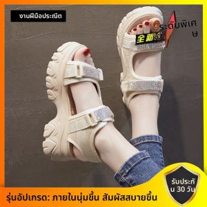 SHIPAILUO | รองเท้าแตะส้นหนาประดับคริสตัลสำหรับผู้หญิง ฤดูร้อน 2025 รองเท้าแตะชายหาดแบบใหม่ ส้นหนา สายรัดข้อเท้า รองเท้าแตะสไตล์โรมัน