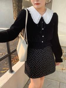 New Years plus Size Womens Black Velvet Shirt Loose Long Sleeve Doll Collar Detachable Commute Style Regular Length