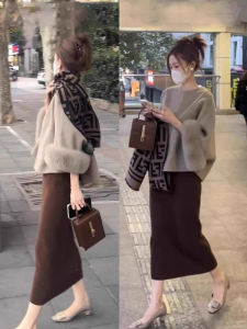 กระโปรงยาวถึงเข่าผ้าขนสัตว์ถักเอวสูงสไตล์เกาหลีสำหรับผู้หญิงในฤดูใบไม้ร่วงและฤดูหนาว กระโปรงทรงตรงยาวคลุมสะโพก