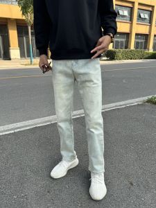 กางเกงยีนส์ทรงตรงผ้าฝ้ายผสมสีเทาอเมริกันสไตล์ไฮสตรีท กางเกงขายาวทรงหลวมสบายๆ สำหรับใส่ไปทำงานในฤดูใบไม้ร่วงและฤดูหนาว