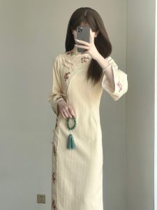 New Chinese Style Womens Retro Cool Gentle Tang Suit Dress Zen Style Cheongsam Tea Costume Midi Dress for Ladies