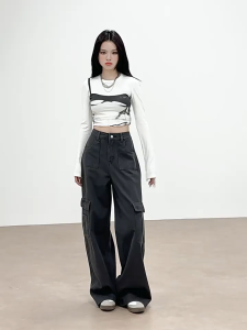 JIAQI 🌟ยีนส์🌟 กางเกงยีนส์ขา ดเอวสูง วินเทจ ทรงสวย ขนาด S-3XL[ขี้เถ้าซีเมนต์]