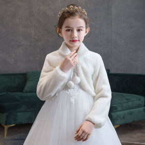 Girls Plush Jacket Princess White Warm Cape Children Wedding Birthday Party Coats Kids Winter Autumn Long Sleeves Clothing