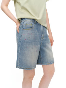 DUSHU | Colorful Irregular Rhinestones High Waist Womens Capri Jeans
