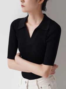 HUOLISI | Gray Polo Neck Knit Top For Women