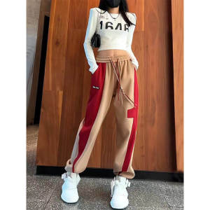 Womens Fleece Lined Thickened Loose Fit Casual Sports Pants Autumn Winter New Style Cuffed Sweatpants Color Block Letter Labels