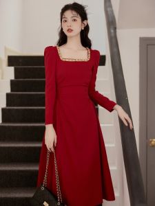 French Long Sleeve Square Collar Pleated Waist Cinched Dress Luxury Red Evening Gown Daily Elegance Small Stature Women Dress