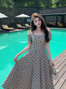 DENGLIULIU | French Vintage Black and White Gingham Long Dress