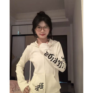 Gothic Style Black Hoodie Jacket Womens Zipper Cardigan Slim Fit Waist Pulling Autumn New Arrival Street Fashion