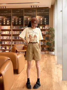 S-6XL ผู้หญิง กางเกงขาสั้น ทรงเอ เอวสูง ทรงหลวม ทรงตรง กางเกง ผ้าบาง(ไม่มีเข็มขัด)