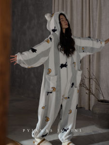 Hooded Coral Fleece Cat Print Pajama Onesie Sleepwear Set