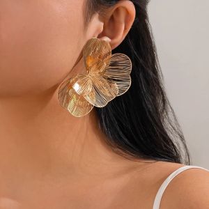 SHIXIN Elegant Multi Layer Petal Flower Ear Studs Earrings for Women Classic Gold Color Floral Piercing Earrings Fashion Jewelry