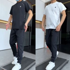 Summer New Casual Sports Milk Silk Mesh Set Loose Breathable Ice Silk Drape Short Sleeve Long Pants Two Piece Set for Youth