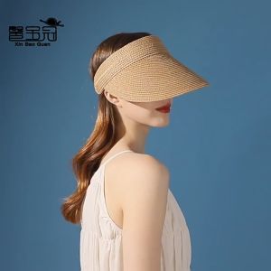 Korean Straw Hat Women Summer Sun Hat Sun Visor Wide Brim Handmade Straw Visor Caps Roll Up Empty Top Beach Hats Fashion Outdoor Travel Sport