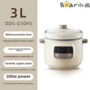 Bear DDG-D30H5 3L Electric Stew Pot White Ceramic Inner 7 Menu Presets Timer 200W Low Power Smart Cooking