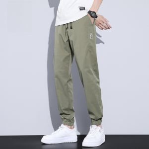 ROMON | Lormen Ice Silk Mens Casual Pants Summer Thin Loose Cuffed Workwear Quick Dry Sports Elastic Long Trousers Breathable Youthful