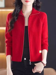 เสื้อสเวตเตอร์ถักคอวีหนาแบบมีซิปสำหรับผู้หญิง ฤดูใบไม้ร่วง/ฤดูหนาว ทรงสั้น ผ้าขนสัตว์ แฟชั่นใหม่ เสื้อคลุมคาร์ดิแกนถักแบบเปิด