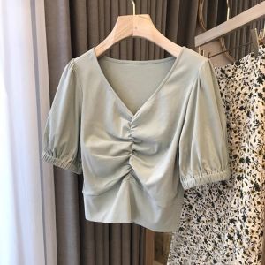 Slimming Green Cotton Bubble Sleeve T-Shirt Womens Summer Unique Design High Waist Gathered Short Sleeve Top V-neck Short Length