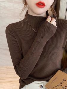 Caramel Long Sleeve Knitted Sweater Womens Slim Fit mid Collar Base Shirt Fashionable Autumn Winter Inner Wear Commute Style