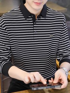 HENGYUANXIANG | Hengyuanxiang Mens Long Sleeve Polo Shirt Striped Fashion Urban Style Anti-Wrinkle Polyester Fiber Spring Autumn Upper Apparel