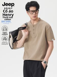 JEEP SPIRIT | Áo Thun Tay Ngắn Cổ Henry Màu Sơ Mi Phong Cách Mỹ Thoáng Mát