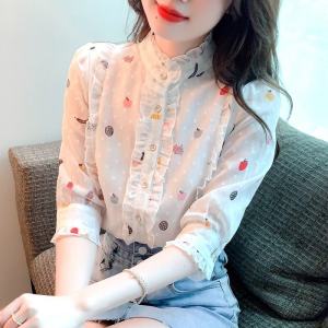 Womens Stand Collar Lace Trim White Shirt Floral Print Chiffon Five Sleeve Summer New Design Small Audience Korean Style