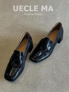 Genuine Leather Slip-On Loafers Womens High Heels Spring Autumn Black Pointed Toe Fashion Single Shoes Comfortable Casual Footwear