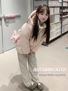 High Waist Thickened Fleece Knitted Straight Leg Zebra Pattern Wide Leg Pants Autumn Winter Casual Trousers Womens Fashion