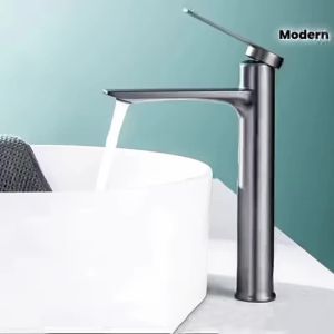 Modern Zinc Alloy Bathroom Sink with Hot & Cold Water Control Long Spout Valve Core & Single Hole Installation
