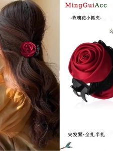 High Version Floral Hair Clip Womens Red Rose Shark Bite Hair Clip Headwear Hair Accessories Original Design by Yan Ying