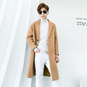 เสื้อโค้ทขนสัตว์หนาสำหรับผู้ชาย ฤดูหนาว 2025 สไตล์เกาหลี เสื้อโค้ทขนสัตว์ทรงตรงยาวปานกลาง แฟชั่นสำหรับผู้ชาย