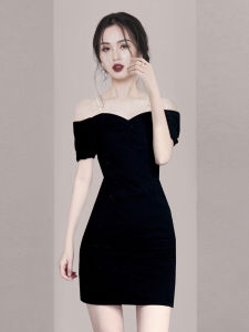 ชุดเดรสสีดำเซ็กซี่ ชุดเดรสยาวคลุมเข่าสายเดี่ยว ชุดราตรีสำหรับงานวันเกิด ชุดเดรสยาวคลุมเข่าสำหรับใส่ไปงานปาร์ตี้ในชีวิตประจำวัน