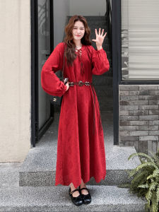 Romantic Red French Vintage Dress Elegant Ladylike Style Beautiful Long Skirt Autumn New Arrival Womens Fashion Casual Wear
