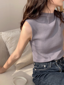 ถักเสื้อกั๊กผู้หญิง Professional ธุรกิจสบายๆครึ่งคอเกาหลี Retro เสื้อยืดแขนกุดฤดูร้อนสวมใส่