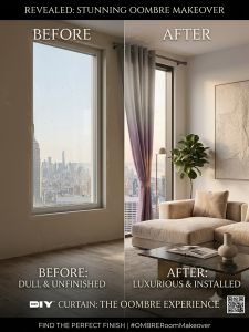 Stunning ombre makeover before and after with luxurious curtains in a modern living room.