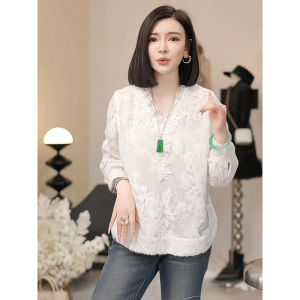 Design V-Neck Lace and Jacquard Long Sleeve Top