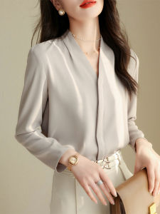 French Chic V-Neck Silk Shirt for Women Perfect for Office and Commute Fashionable Layered Inner Wear Base Shirt for Autumn and Winter