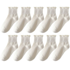 5 Pairs Socks for Women Ruffle Tube Ankle Short Breathable Cuffed Black White Set Spring Autum Soft Solid Color