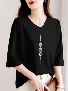 Black Cotton V-Neck T-Shirt for Women Loose Fit Long Sleeve Work Clothing Summer Style Single Piece Clothing