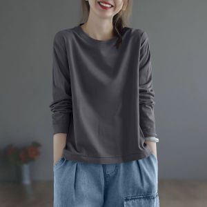 Pure Cotton Long Sleeve Printed T-Shirt Womens Spring Autumn Style Casual Loose Fit Creative Pattern round Neck Top