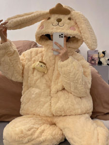 Thickened Flannel Womens Sleepwear Winter Home Clothes Set with Coral Fleece Three-Layer Cotton Warm Long Sleeve Hooded Dress