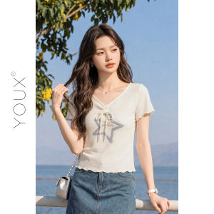 YOUXIANG | Áo Thun In Họa Tiết Cổ V