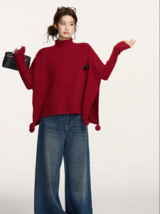 Quần Áo Knitwear Cổ Lọ Đỏ Rộng Thùng Thình