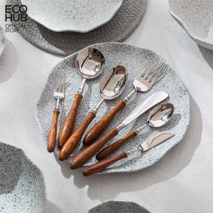 Bộ dao muỗng nĩa inox Cao Cấp cán gỗ ECOHUB màu bạc sang trọng Sử dụng cho nhà hàng cao cấp / cá nhân
