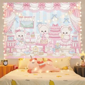 VIKAMA Summer Beach Puppy Rabbit Bear Full Print Tapestry Wall Art for Bedroom Living Room Decoration Fresh Bow Cartoon Warm