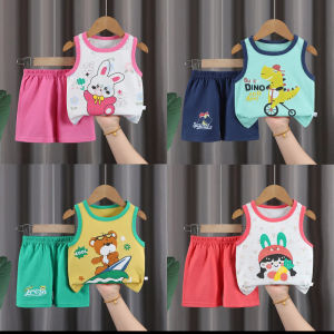 Pure Cotton A-Class Vest Set Childrens Summer Clothes Cartoon Design Baby Shorts Two-Piece Set Breathable Lightweight Dino Print