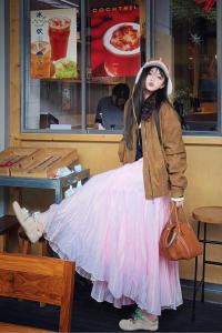 Nabi French Style Heavy Work Pink Half Skirt Womens Full A-Line Fairy Skirt High Waist Midi Skirt Commute Pure Color Other Material